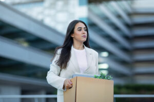 Woman leaving an office building carrying a box