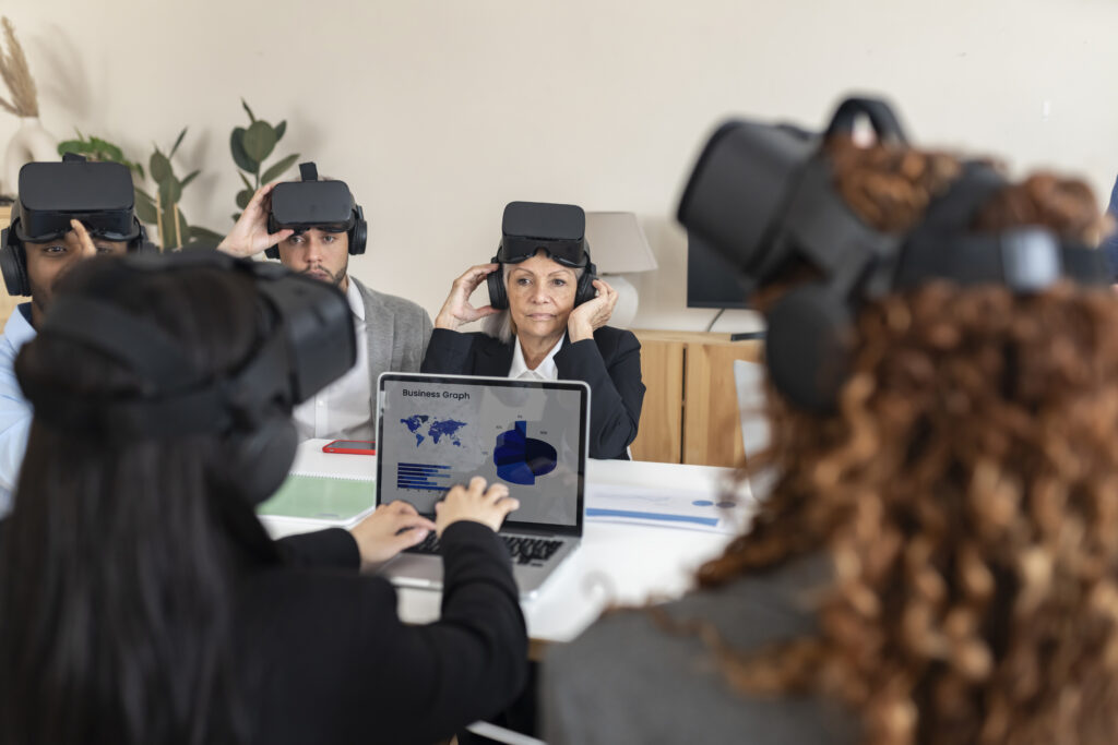 business senior woman is connection metaverse design testing developer in realistic vr at office, engineering global development for applications - business concept -
